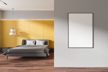 Renkli otel odası iç yatağı ve gri keten, ahşap zemin süslemeli siyah çekmece. Bölümünde tuval posteri olan modern sarı uyku odası. 3B görüntüleme