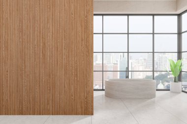 Tahta duvar, geniş pencereli modern banyo. Minimalist tasarım, şehir manzaralı arka plan. Ev dekorasyonu konsepti. 3B Hazırlama