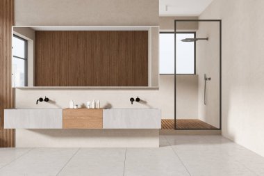 Çift lavabolu, aynalı ve aksesuarlı minimalist ev banyosu arka planda cam duş ve panoramik pencere. Çağdaş dairede bej banyo alanı. 3B görüntüleme