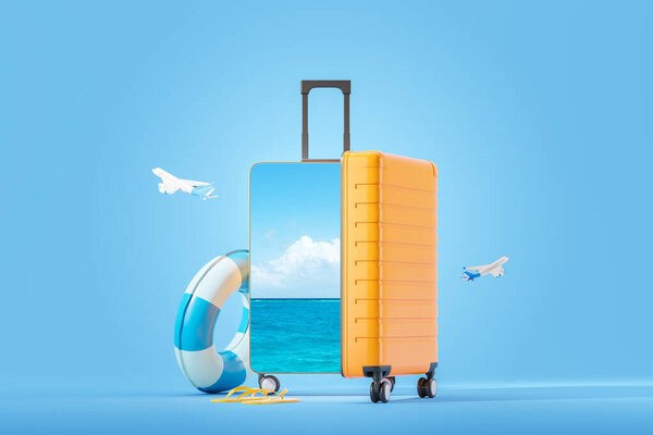 Желтый чемодан, лайфхаки, флип-флопы и самолеты на голубом фоне, концепция океанского отдыха. 3D рендеринг