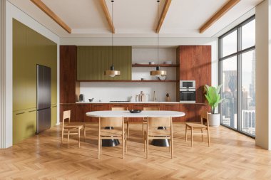 Minimalist kitchen interior with wooden cabinetry and dining table, modern design, light-filled room with city view, concept of contemporary living,  3D Rendering clipart