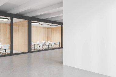 Beyaz sandalyeli ve masalı modern konferans odası, minimalist tasarım, beton zemin, hafif ahşap zemin, boş ofis alanı konsepti, kopyalama alanı. 3B Hazırlama
