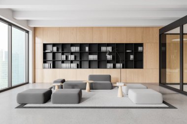 Modern ofis, modüler kanepe ve puf, sehpa ve dokümanlarla dolu raf ve beton zeminde halı ile rahatlar. Gökdelenlerde panoramik pencereli bekleme ya da soğutma alanı. 3B görüntüleme