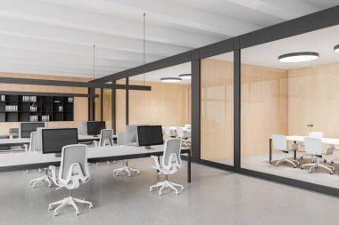 Ortak çalışma alanı olan modern ofis içi manzarası, ortak tablolardaki yan görüş bilgisayarları, beton zemin. Müzakere için cam konferans odası. 3B görüntüleme