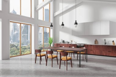 Modern mutfak içi ahşap dolaplar ve yemek masası, parlak gün ışığı, şehir manzarasına bakan büyük pencereler, çağdaş yaşam kavramı, minimalist tarz. 3B Hazırlama