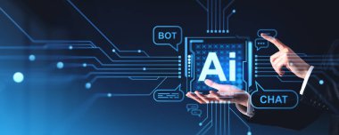 İşadamı elleri ve parmakları yapay zeka ile dijital holograma dokunuyor, parlayan konuşma baloncukları ve devreler. Yapay zeka kavramı, sohbet robotu ve sanal asistan