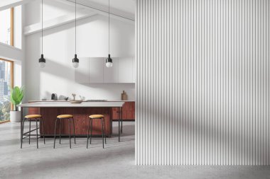 Beyaz ev mutfağı bar adası, sandalyeler, mutfak malzemeli kırmızı ahşap mutfak dolabı. Gökdelenlerin panoramik penceresi. Boş duvarı kopyala. 3B görüntüleme