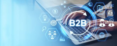 İşadamı elleri dizüstü bilgisayarda, boş kopya alanı arka planında yazıyor. Simgeli B2b parlayan hologram gövdesi. Finansal pazarlama, iş dünyası ve İnternet alışverişi kavramı