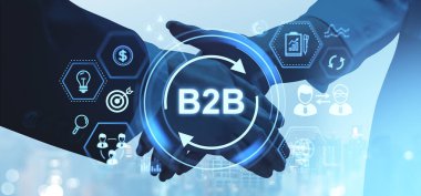 İş adamları el sıkışma silueti, çift pozlama b2b parlayan hologram hud ikonlar ve şehir manzaralı. Finansal pazarlama, iş dünyası ve İnternet ağı kavramı