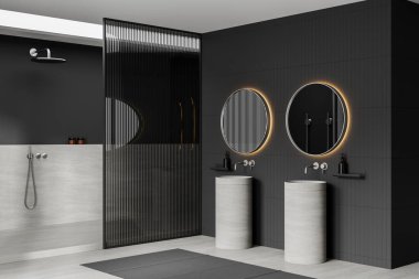 Karanlık duvarları, yuvarlak aynaları ve silindirik lavaboları olan modern banyo tasarımı, aydınlık arka plan, ev dekorasyonu konsepti. 3B Hazırlama