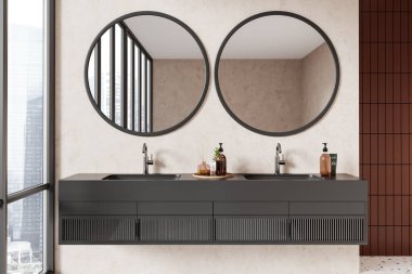 Bej taştan ev banyosu çift lavabo, siyah gösteriş, aksesuarlar ve dekorasyon. Banyo alanı ve gökdelenlerin panoramik penceresi. 3B görüntüleme