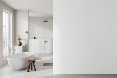 Işıl ışıl bir otel banyosu küveti ve duşu var. Kırsal kesimde panoramik pencere. Dekorasyonlu banyo alanı ve boş duvar bölmesi. 3B görüntüleme