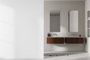 Çift lavabolu modern banyo ve ahşap dolaplar, arka planda nötr renk, ev ya da otel iç tasarımı kavramı. 3B Hazırlama