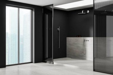 Otelin banyo manzarası cam duşla kaplı, gri beton zemin ve podyum. Singapur gökdelenlerinde panoramik pencereli karanlık banyo alanı. 3B görüntüleme