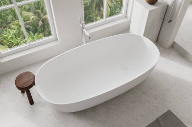 Sıcak ev banyosu manzarası, banyo küveti, aksesuarlar, beton zemin. Modern dairede banyo köşesi. Tropik bölgelerde panoramik pencere. 3B görüntüleme