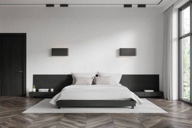 Minimalist tasarımı olan modern yatak odası siyah bir yatak çerçevesi, beyaz yatak odası ve parke döşeme, geniş pencereli aydınlatma alanı, çağdaş ev iç mimarisi kavramı. 3B Hazırlama