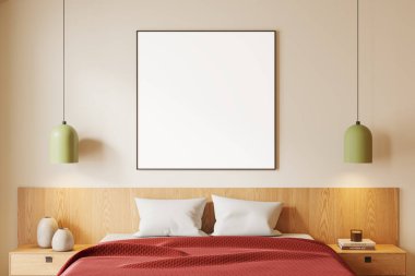Minimalist otel odası iç yatak odası ve dekorasyon ve lambalar ile komodin. Bej duvarında kare bez bir poster olan rahat bir uyku odası. 3B görüntüleme