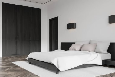 Otelin yatak odası manzarası yatak odası, çarşaf ve süslemeli komodin, ahşap döşemeli halı. Siyah ahşap gardırobuyla rahatlatıcı bir köşe. 3B görüntüleme