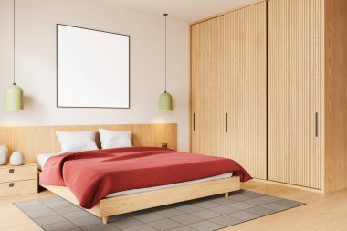 Ahşap ev yatak odası iç yatak odası manzarası, kırmızı çarşaf ve dekoratif komodin, sürgülü kapılı gardırop. Tablo kare posterli şık bir uyku odası. 3B görüntüleme