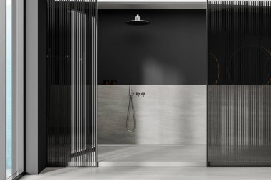 Şık bir otel banyosu, cam duş, gri beton zemin ve podyum. Gökdelenlerde panoramik penceresi olan karanlık bir banyo alanı. 3B görüntüleme