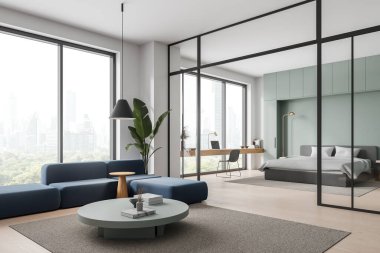 Ev yatak odası manzarası yatak odası, yan görüş işyeri ve kanepeli sandalye. Bangkok gökdelenlerinde panoramik pencereli uyku ve çalışma alanı. 3B görüntüleme