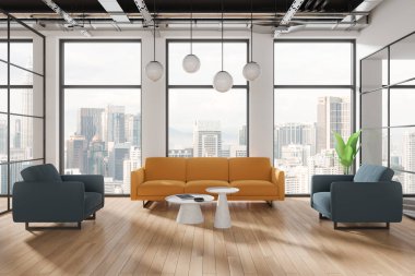 Şık bir ofis. Renkli kanepe ve koltuklar, toplantı ya da sehpa ile danışma alanı. Kuala Lumpur gökdelenlerinin panoramik penceresi. 3B görüntüleme