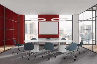 Geniş bir masa, sandalyeler, panoramik pencereler ve kırmızı aksanlı duvarları olan modern konferans odası. İş görüşmeleri için hafif, kentsel ofis alanı. 3B Hazırlama