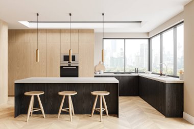 Modern mutfak içi aydınlık ahşap dolaplar, siyah tezgahlar, ve büyük pencerelerden şehir manzarası, apartman dairesi konsepti. 3B Hazırlama