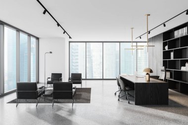 Geniş pencereli, gökdelen manzaralı, minimalist tarzda, parlak ışıklandırmalı modern ofis içi. İş yeri kavramı, şehir manzarası. 3B Hazırlama