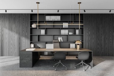 Geniş bir masası ve iki sandalyesi olan modern bir ofis, tarafsız bir arka plan, iş anlayışı veya yönetici çalışma alanı. 3B Hazırlama