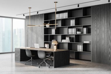 CEO 'nun iç görünüşü, masa başında dizüstü bilgisayar, gri granit zeminde sandalyeler. Gökdelenlerde rafı ve panoramik penceresi olan modern danışmanlık çalışma alanı. 3B görüntüleme