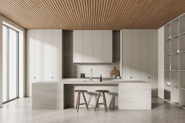 Bar adası ve koltuklu bej taştan ev mutfağı, mutfak gereçleri ve beton kaplı tabaklar. Panoramik pencereli yemek ve pişirme alanı. 3B görüntüleme