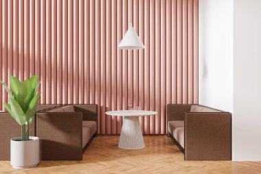 Kanepesi, yuvarlak masası ve ahşap zemini olan rahat pembe bir kafe. Restoranda minimalist mobilyaları olan şık renkli yemek alanı. 3B görüntüleme