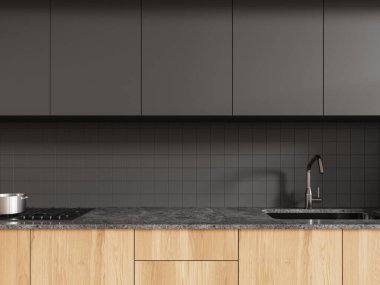 Siyah ve ahşap mutfak içi lavabo, gaz ocağı ve boş taş tezgah. Modern apartmandaki minimalist yemek alanına yakın çekim. 3B görüntüleme