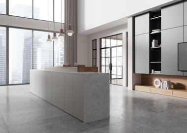 Ev mutfağı manzarası, bar adası ve dekoratif televizyon konsolu, beton zeminde pişirme alanı. Singapur gökdelenlerinin panoramik penceresi. 3B görüntüleme