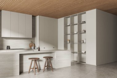 Ev mutfağı manzarası, bar adası ve tabure, mutfak gereçleri. Yemek ve yemek pişirme alanı, modern apartmanda bulaşık dolu raflar. 3B görüntüleme