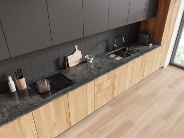 Mutfak manzarası lavabo ve taşla kaplı, mutfak gereçleri minimalist. Dolabı ve tropik bölgelerde panoramik penceresi olan yemek köşesi. 3B görüntüleme