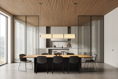 Ahşap yemek masası, sandalyeler, cam bölme ve yemek dolabı olan bir bar adası olan modern ev mutfağı. Kırsal kesimde panoramik pencere. 3B görüntüleme