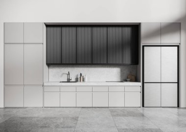 Dolap ve mutfak gereçleri olan açık gri bir ev mutfağı. Beton zeminde lavabo, soba ve buzdolabı. Modern dairede minimalist yemek alanı. 3B görüntüleme