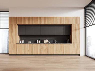 Minimalist ev mutfağı, ahşap dolap, ahşap zemin. Modern dairede klasik pişirme alanı ve gökdelenlerde panoramik pencere. 3B görüntüleme