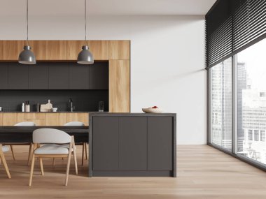 Gri dolapları, ahşap aksanları ve yemek alanı olan modern mutfak iç mimarisi şehir manzaralı, minimalist tasarımı olan geniş pencerelere sahiptir. Çağdaş yaşam kavramı. 3B Hazırlama