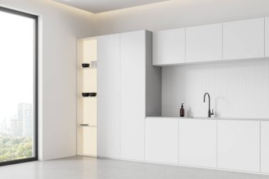 Beyaz ev mutfağı manzarası, lavabo, beton kaplı tabaklar. Bangkok gökdelenlerinde panoramik pencereli modern bir dairede yemek pişirme dolabı. 3B görüntüleme