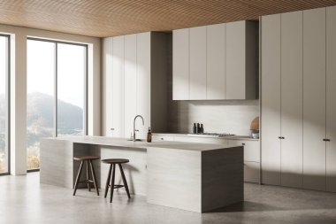 Bej ev mutfağının köşesinde taş bar adası, beton zeminde mutfak gereçleri olan bir dolap. Panoramik pencereli yemek ve pişirme alanı. 3B görüntüleme