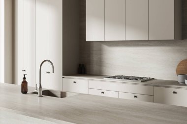 Mutfağın iç tarafındaki tezgahın yanında lavabo, sobalı dolap rafları, mutfak gereçleri ve bulaşıklar. Bej rengi ev yemekleri modern dairede yakın. 3B görüntüleme