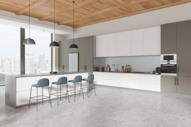 Ev mutfağı manzarası, bar adası ve sandalyeler, dolaplı yemek alanı, buzdolabı ve mutfak gereçleri. Singapur gökdelenlerinin panoramik penceresi. 3B görüntüleme