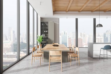 Lüks ev mutfağı, yemek masası ve sandalyeler, beton zeminde bar tezgahı. Bitki ve dolabı olan şık bir yemek odası. Singapur gökdelenlerinin panoramik penceresi. 3B görüntüleme