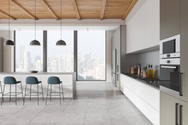 Şık bir ev mutfağı, bar adası ve sandalyeler, dolaplı yemek alanı, buzdolabı ve mutfak gereçleri. Singapur gökdelenlerinin panoramik penceresi. 3B görüntüleme