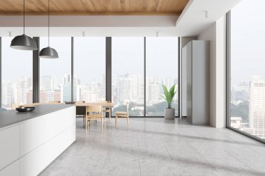 Açık ev mutfağı, bar tezgahı, yemek masası ve beton zeminde sandalyeler. Dolaplı şık bir yemek odası. Singapur gökdelenlerinin panoramik penceresi. 3B görüntüleme