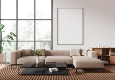 Modern oturma odası içi bej kanepe, siyah kahve masası, büyük boş çerçeveli poster, ve bitkiler, doğal ışık arka plan, ev dekorasyonu konsepti. 3B Hazırlama