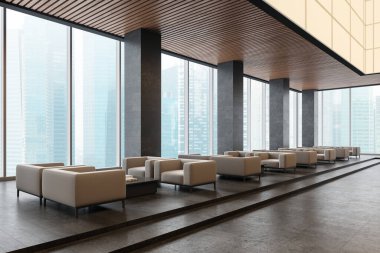 Ofisin iç lobisinin köşesinde koltuklar, kahve masaları, kaidesi ve beton döşemesi var. Bekleme salonu, Singapur 'daki sütunlar ve panoramik pencere. 3B görüntüleme